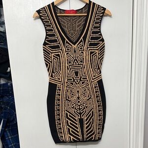 Herve Leger Black and Tan Geometric Mini Dress